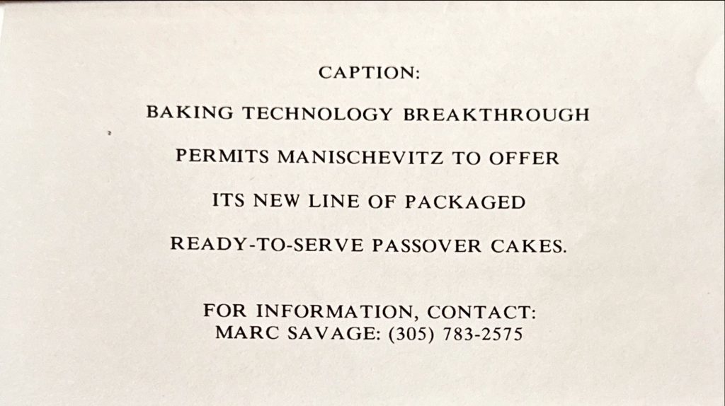 A caption reading: Baking Technology Breakthrough...ready-to-serve passover cakes