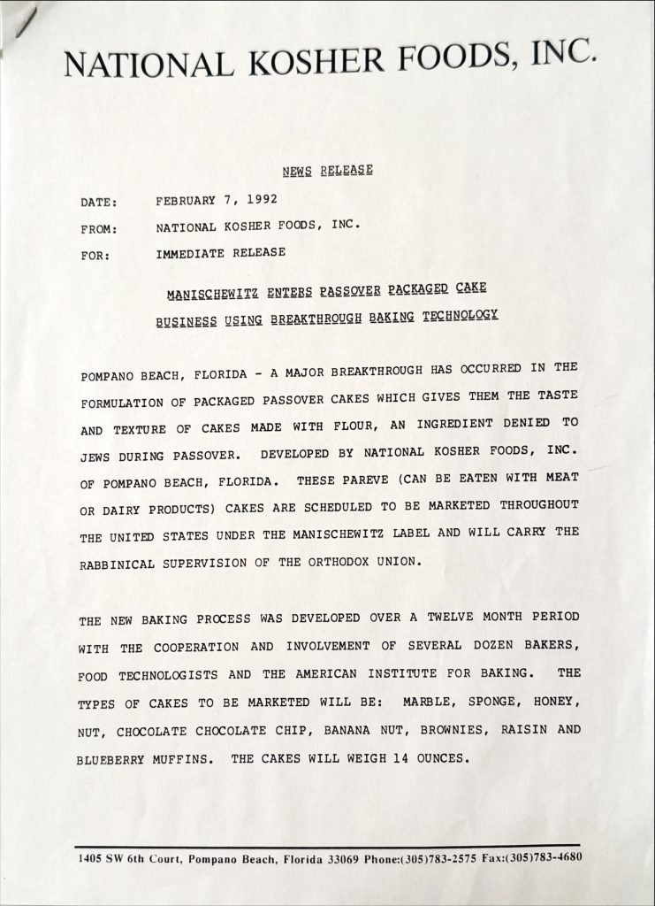 1992 Press Release from Kosher Foods, Inc.